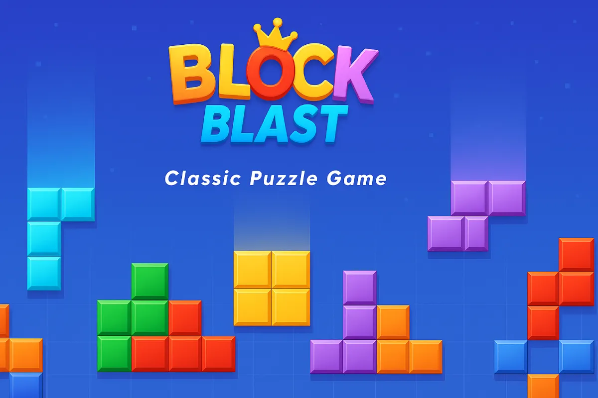 Block Blast cover: colored block shapes stacked on a blue grid